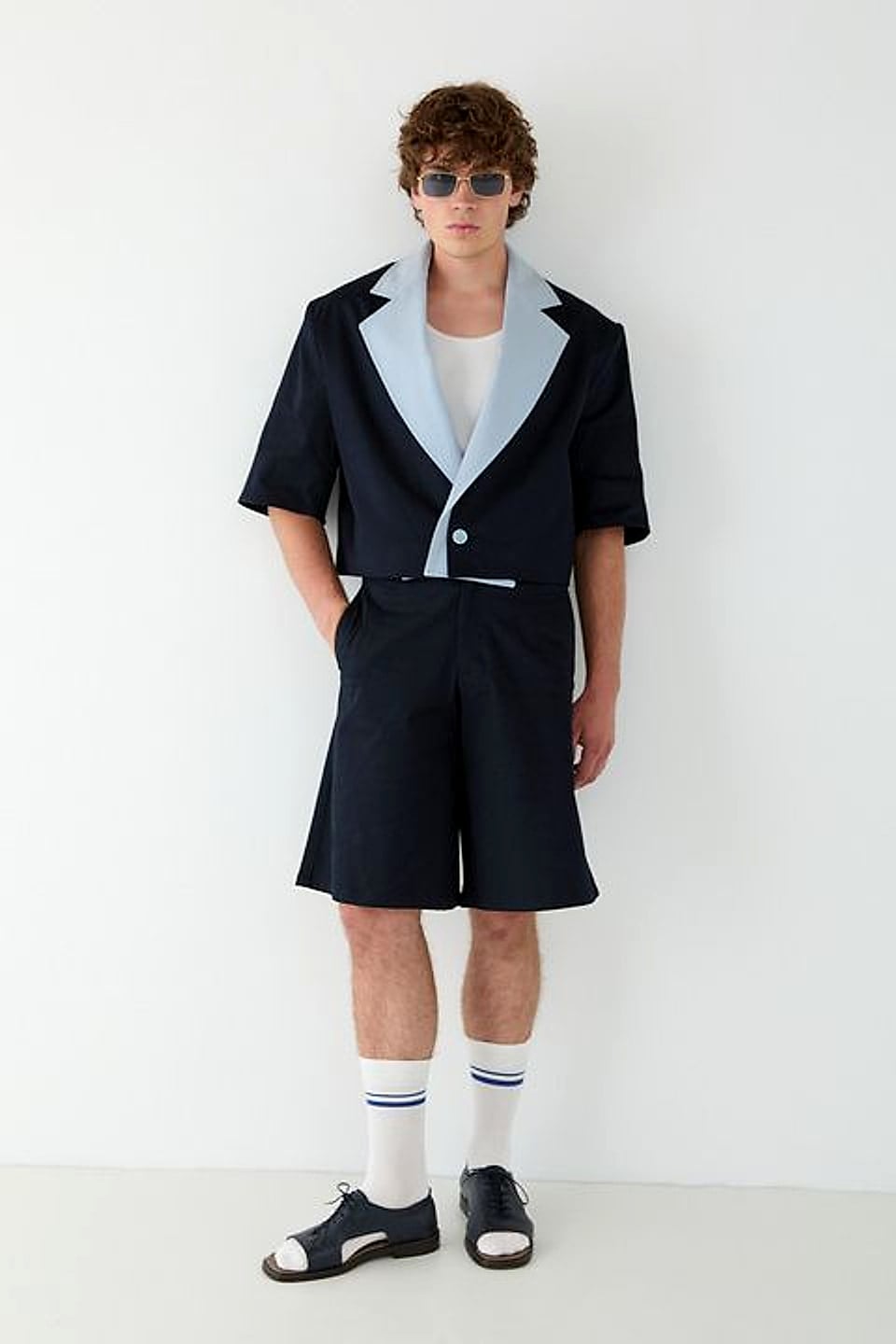 Contrast Lapel Cropped Blazer in Navy / Ecru — YEG Textile