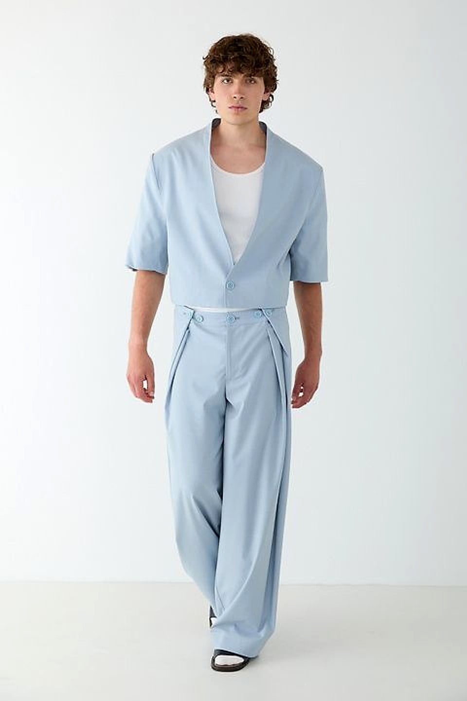 Cropped Short-Sleeve Blazer in Sky — YEG Textile